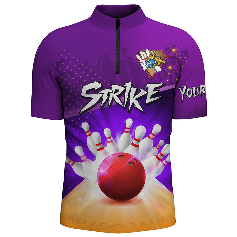Men''s Bowling Quarter-Zip Shirt Custom bowling ball and pins strike purple team Men Bowlers Jerseys