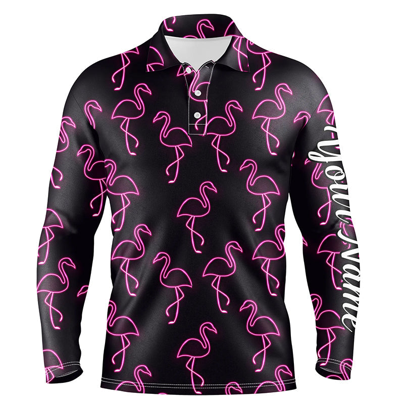 Black Mens Golf Long Sleeve Polo Shirt Neon Pink Flamingos Pattern Custom Name Team Flamingo Golf Polo Shirts