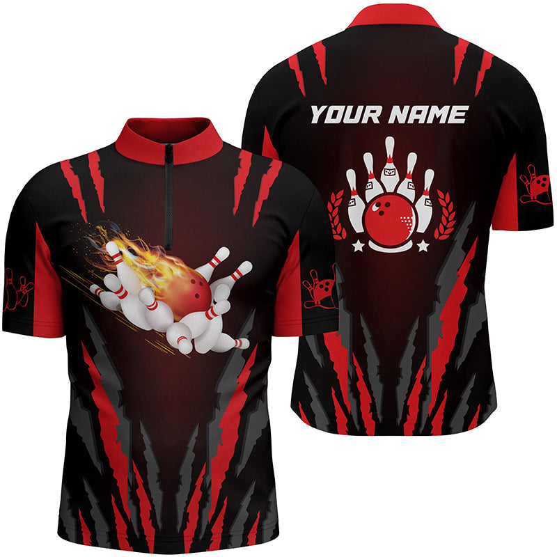 Men''s bowling shirt Quarter Zip custom Flame Bowling Ball and Pins bowling jerseys/ bowling gifts
