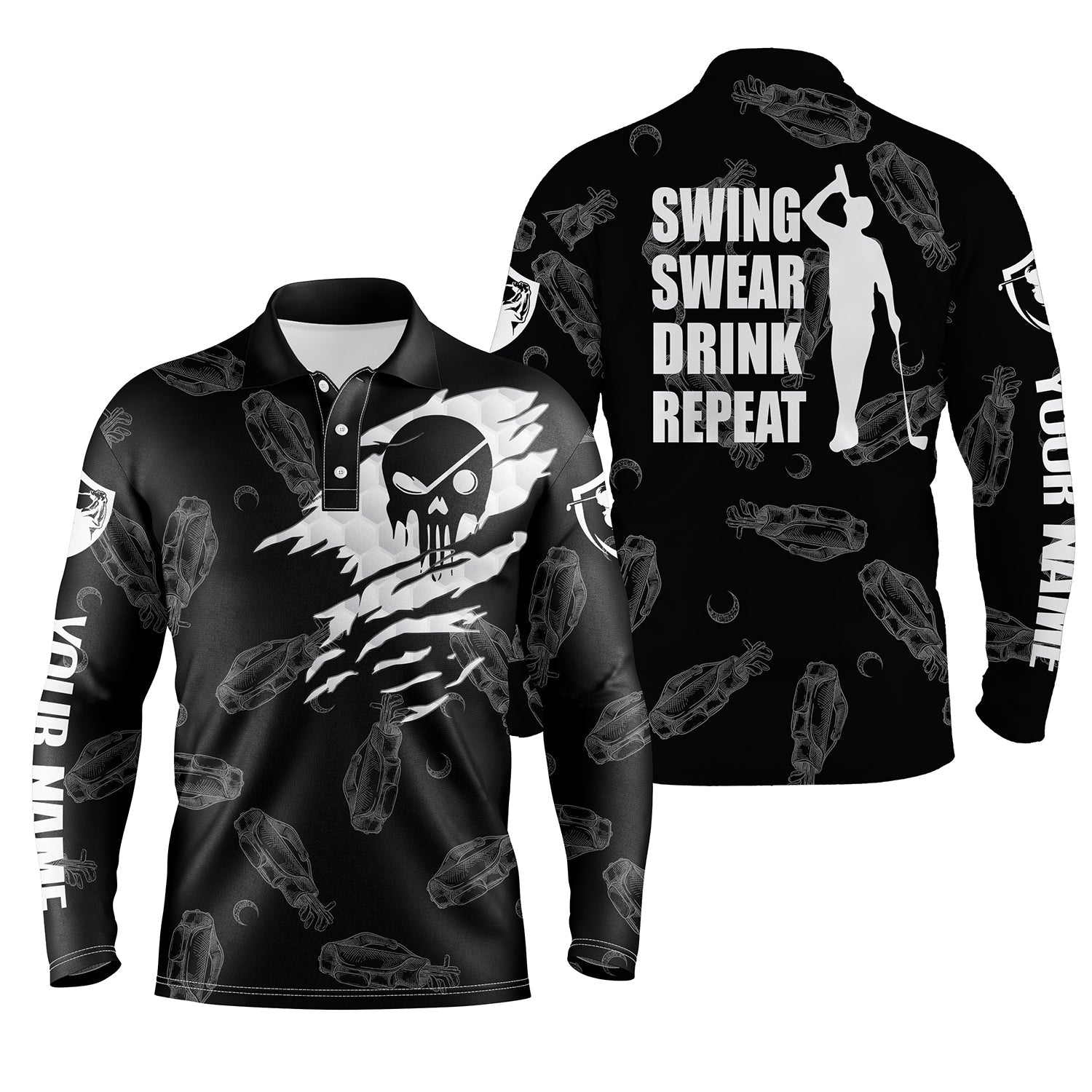 Mens Golf Long Sleeve Polo Shirt Swing Swear Drink Repeat Custom Name Black Golf Clubs Pattern Shirt