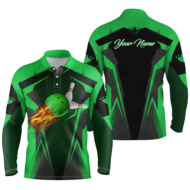 Personalized Men Bowling Long Sleeve Polo Shirt Flame Bowling Ball And Pins/ Bowling Polo For Men Bowlers