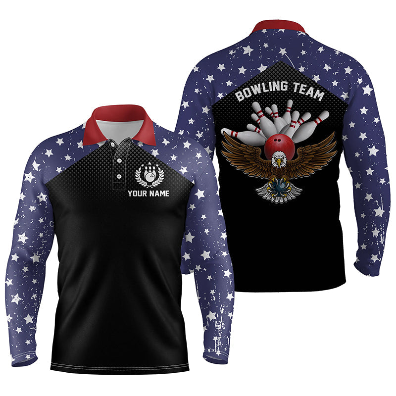 American Flag Patriot Vintage Bowling Long Sleeve Polo Shirts Custom Name And Team Name Bowling Team Shirts Jersey