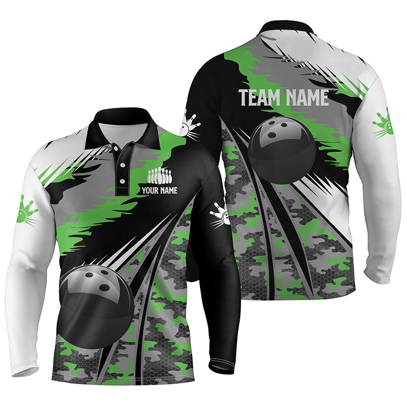 Mens Long Sleeve Polo Bowling Shirts Custom Black Ball Any Color Camo Bowling Team Jersey/ Gift For Bowlers