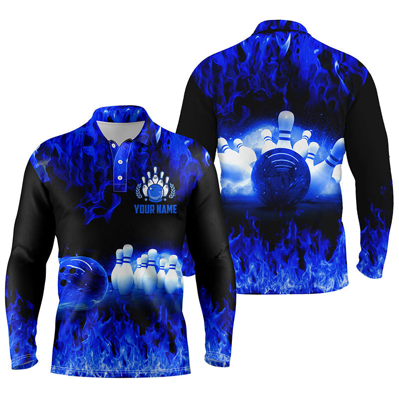 Blue Flame Men Long Sleeve Polo Bowling Shirts/ Personalized Men''s Bowling Jerseys/ Bowling Team Jerseys