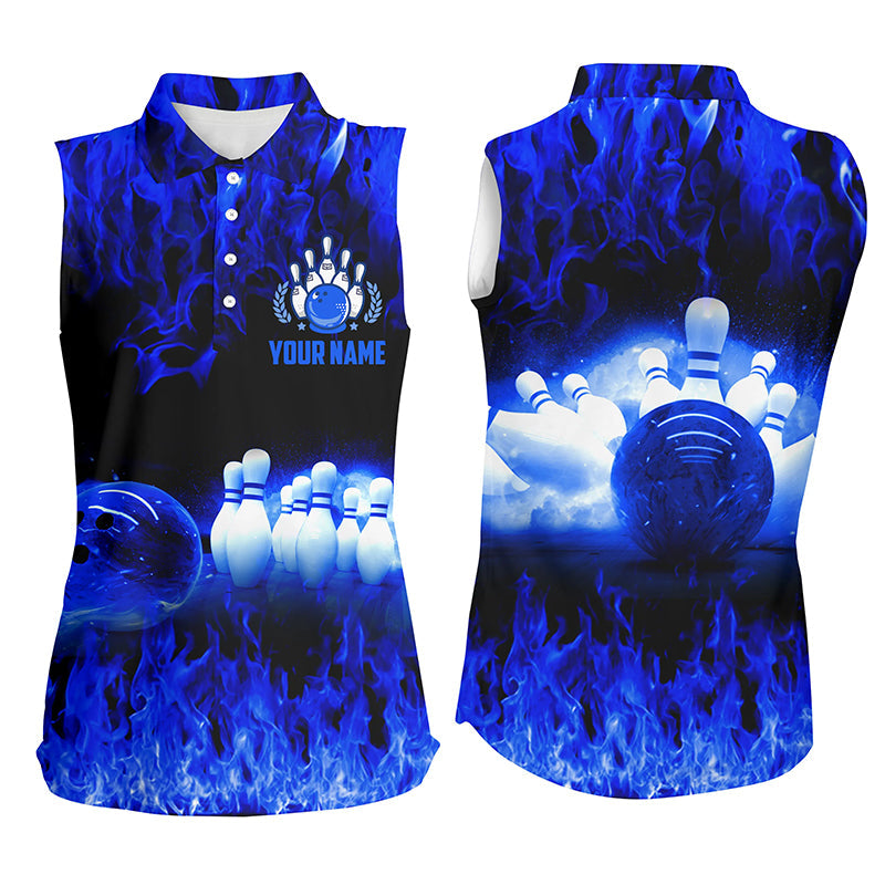 Blue Flame Women Bowling Sleeveless Polo Shirts/ Personalized Team Bowling Female Bowling Uniform