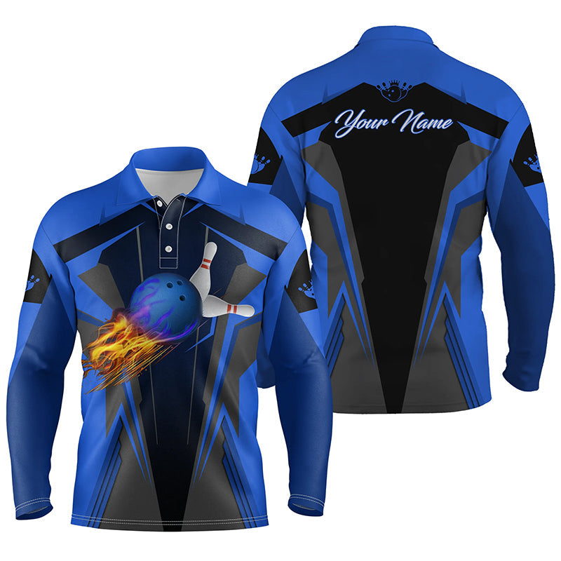 Personalized Men Bowling Long Sleeve Polo Shirt Flame Bowling Ball And Pins/ Bowling Polo For Men Bowlers