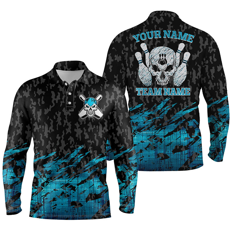 Skull Bowling Long Sleeve Polo Shirts For Men Custom Name And Team Name Blue Bowling Skeleton/ Team Bowling Shirts