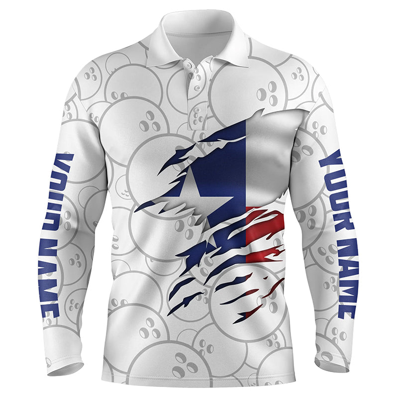 Mens Long Sleeve Polo Bowling Shirts Custom Name Texas Flag Bowling Team Bowlers Jersey/ Bowling Team Shirt