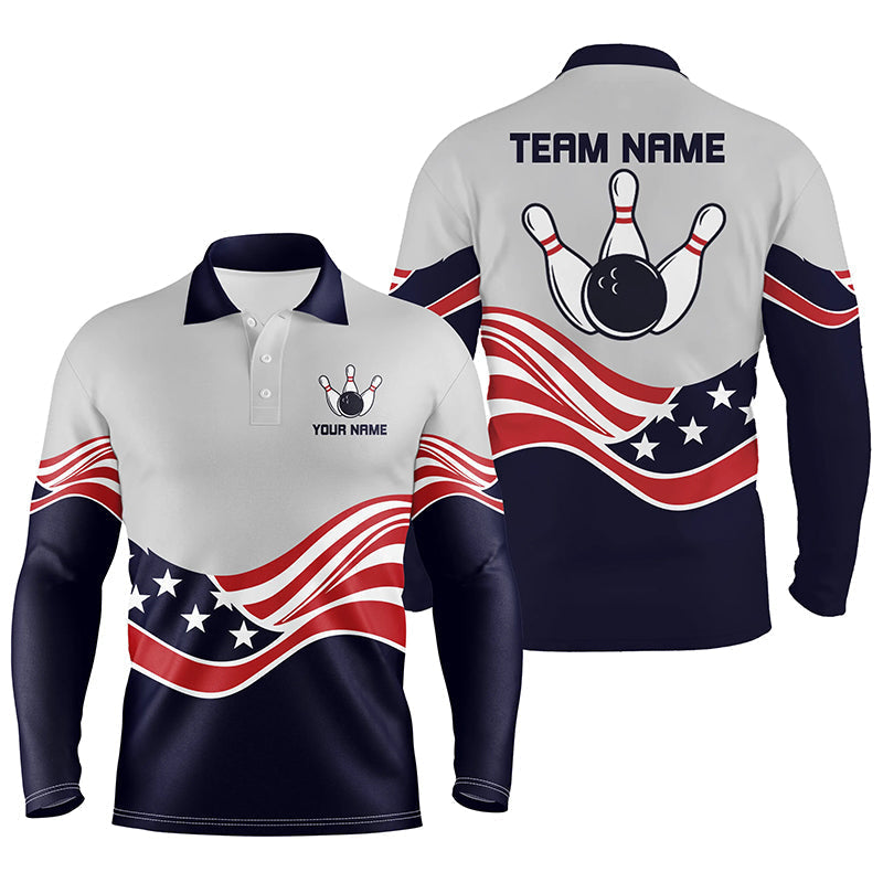 American Flag Bowling Jersey For Men Custom Long Sleeve Polo Bowling Shirt Patriotic Bowling Shirt For Team