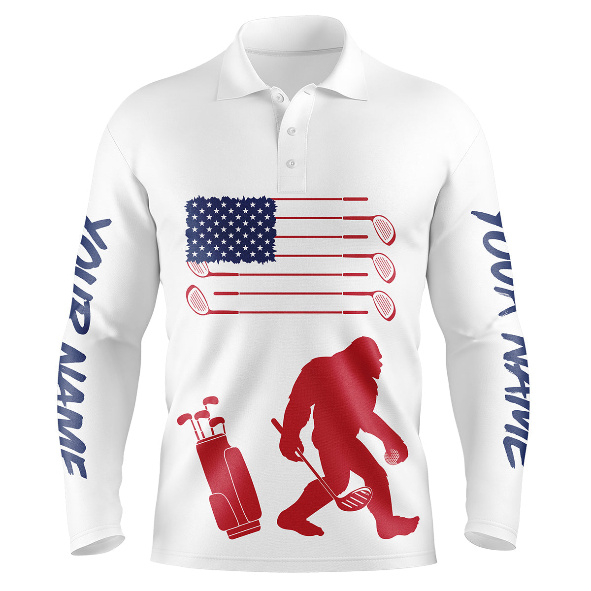 American Flag Bigfoot Mens Golf Long Sleeve Polo Shirt Custom Name Patriotic Unique Golf Gift Ideas For Him