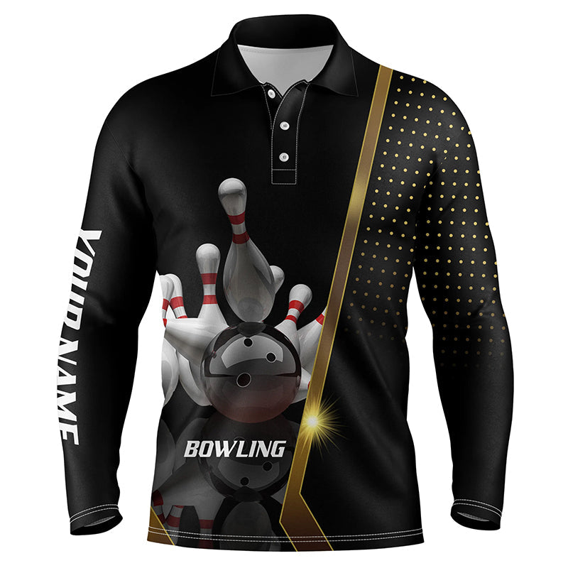 Personalized Men Long Sleeve Polo Bowling Shirt Black and Gold Men Bowlers Custom Team bowling Jersey
