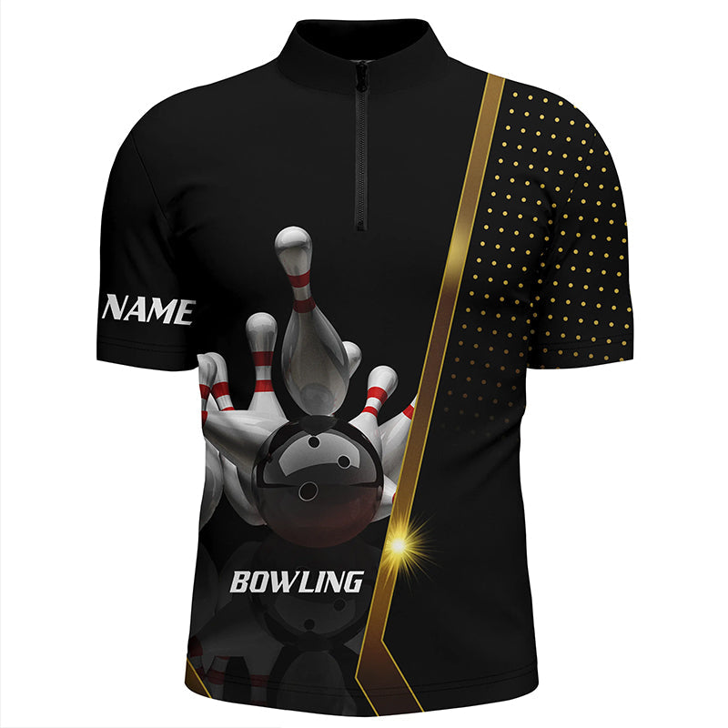 Personalized Men Bowling Quarter-Zip Shirt Black and Gold Men Bowlers Custom Team bowling Jersey