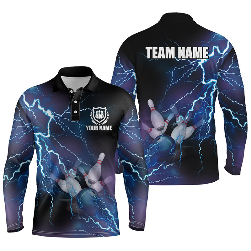 Mens Long Sleeve Polo Bowling Shirts Custom Blue Lightning Thunder Bowling Team Jersey/ Gift For Team Bowlers