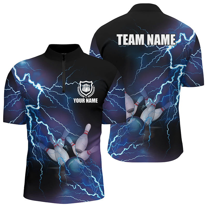 Men''s bowling Quarter Zip shirts Custom blue lightning thunder Bowling Team Jersey/ gift for Bowlers