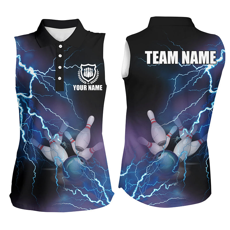 Women Bowling Sleeveless Polo Shirts Custom Blue Lightning Thunder Bowling Team