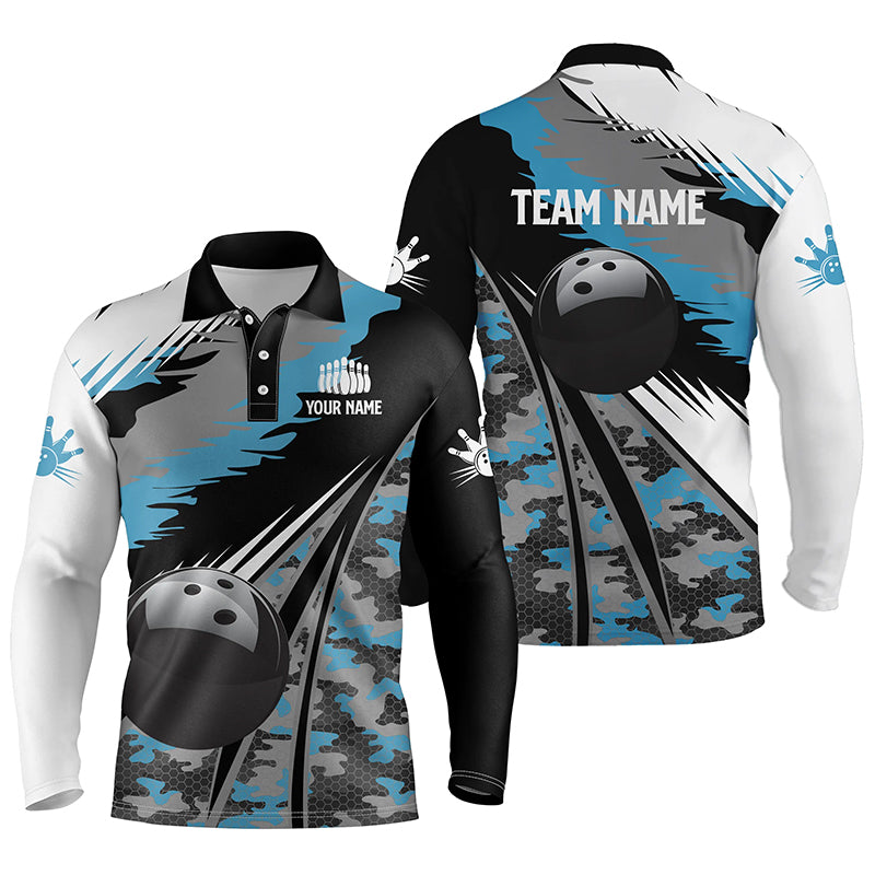 Mens Long Sleeve Polo Bowling Shirts Custom Black Ball Any Color Camo Bowling Team Jersey/ Gift For Bowlers