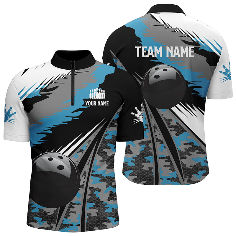 Men''s bowling Quarter Zip shirts Custom black ball blue camo Bowling Team Jersey/ gift for Bowlers