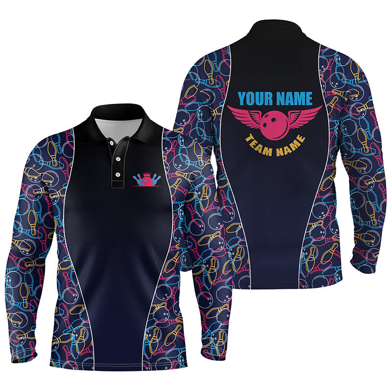 Multicolor Pattern Black Bowling Long Sleeve Polo Shirts For Men/ Custom Team Bowling Jerseys For Men Bowlers