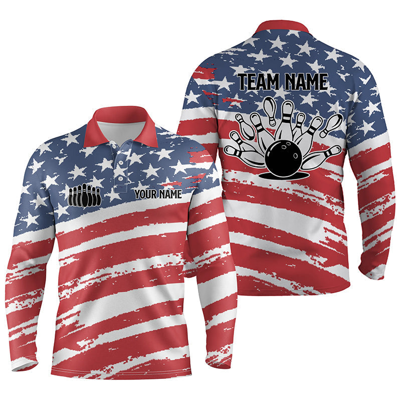 Custom Bowling Shirts For Men American Flag Patriotic Personalize Bowling Team Jerseys Men Long Sleeve Polo Shirts