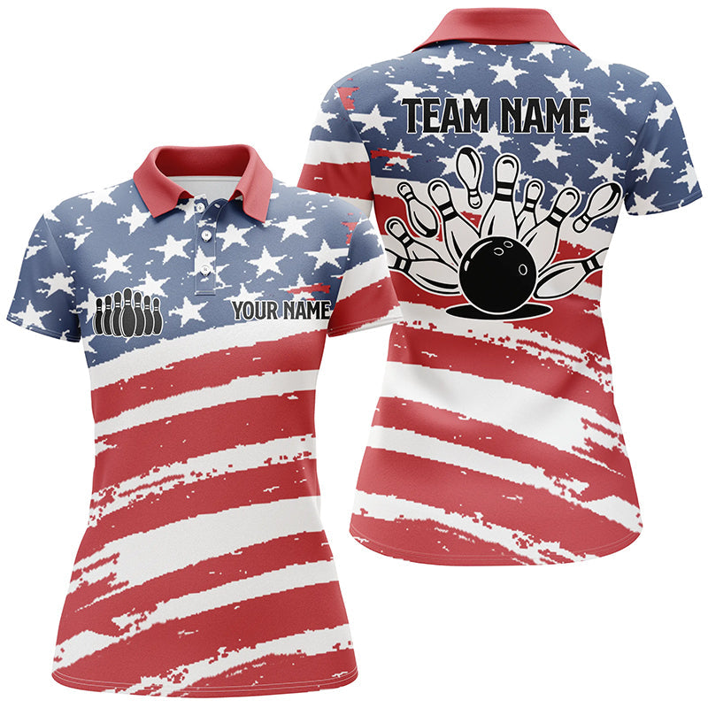 Custom Bowling Shirts For Women American Flag Patriotic Bowling Team Jerseys Sleeveless Polo Shirts