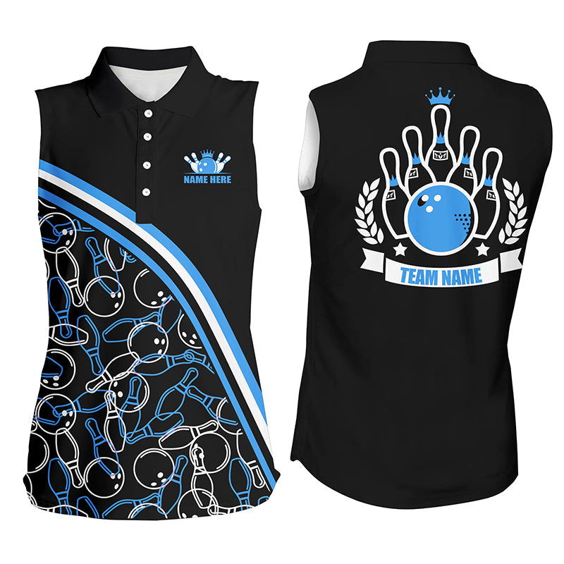 Personalized Bowling Sleeveless Polo Shirt Custom Name Black Blue Bowling Pattern/ Bowling Team Shirts