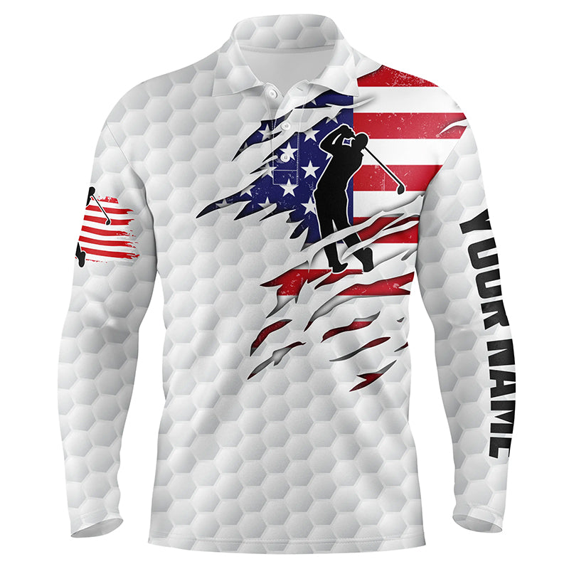 Mens Golf Long Sleeve Polo Shirt American Flag Patriot Custom Name White Golf Balls Shirts