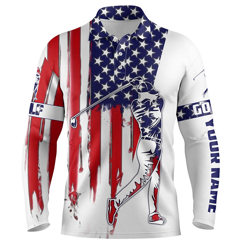 Personalized White Golf Long Sleeve Polos Shirt For Men American Flag 4Th July Custom Name Gifts For Golf Lovers