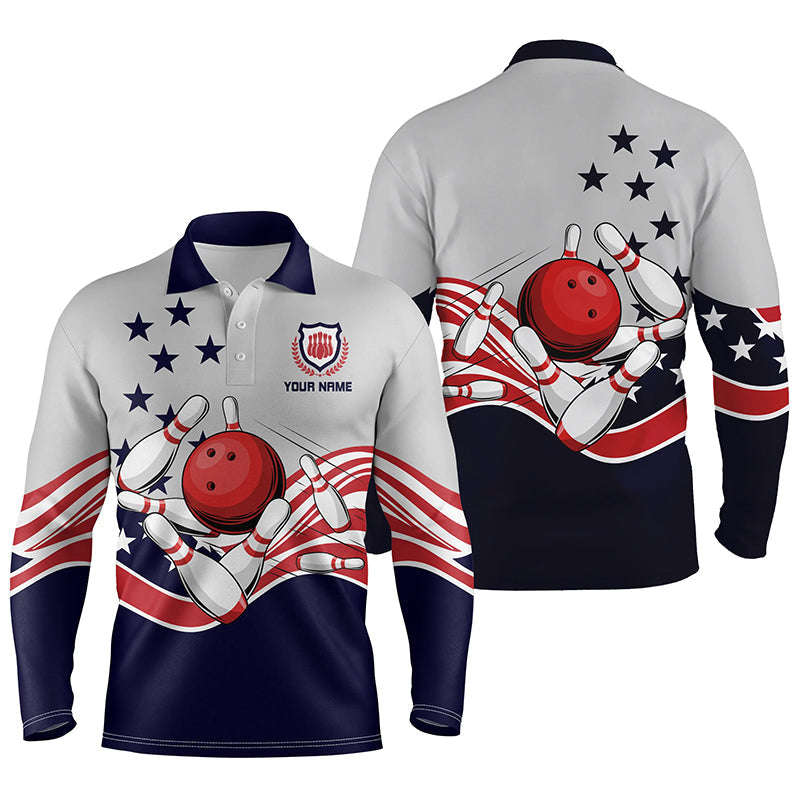 Mens Long Sleeve Polo Bowling Shirts Custom American Flag Patriotic Vintage Bowling Team Jerseys