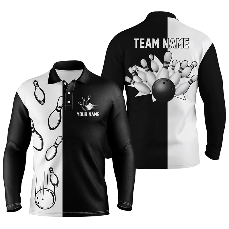 Black And White Retro Vintage Bowling Long Sleeve Polo Shirts For Men Custom Bowling Team Jerseys