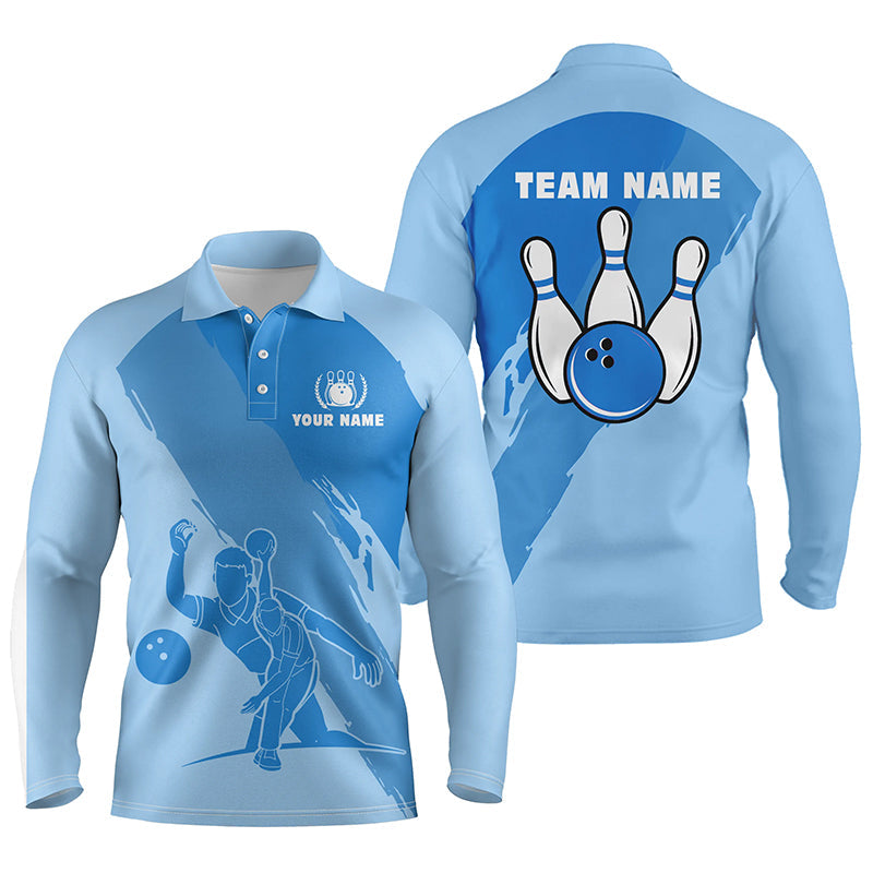 Personalized 3D Bowling Long Sleeve Polo Shirts For Men/ Custom Blue Team Bowling Jerseys For Men