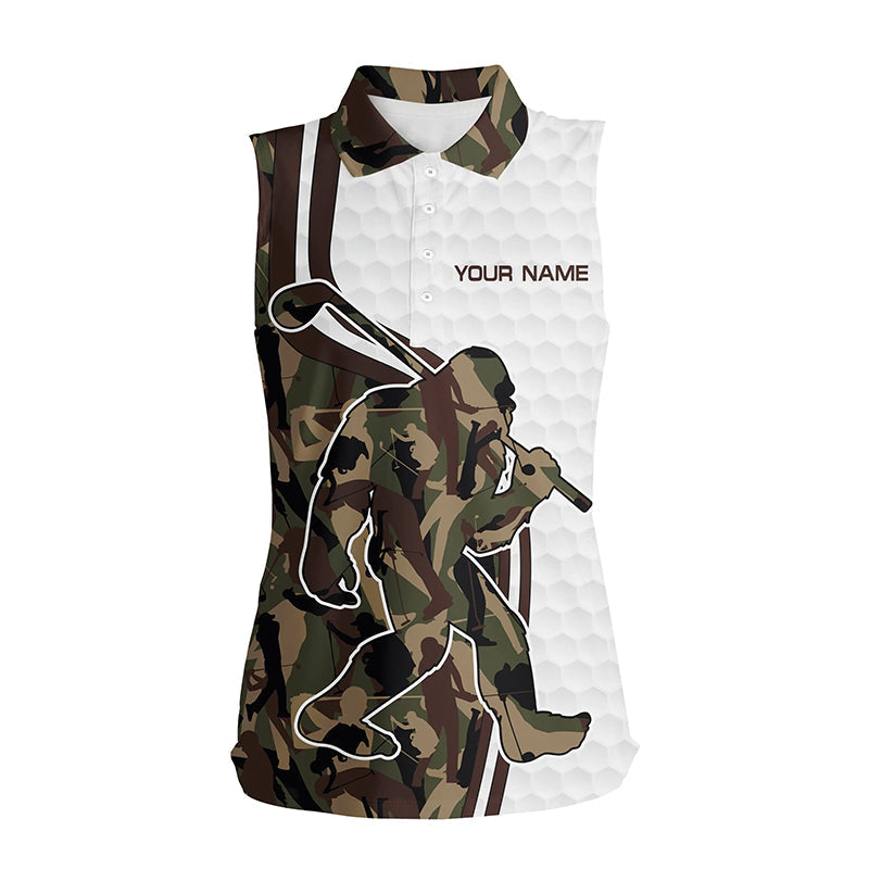 Funny Bigfoot Golf sleeveless polo shirts for women camo pattern custom sasquatch playing golf apparel