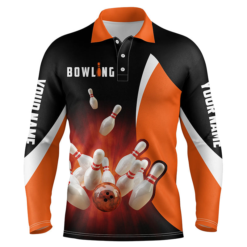 Custom Bowling Shirts Retro Black Orange Bowling Long Sleeve Polo Shirts For Men/ Bowling Team Jersey