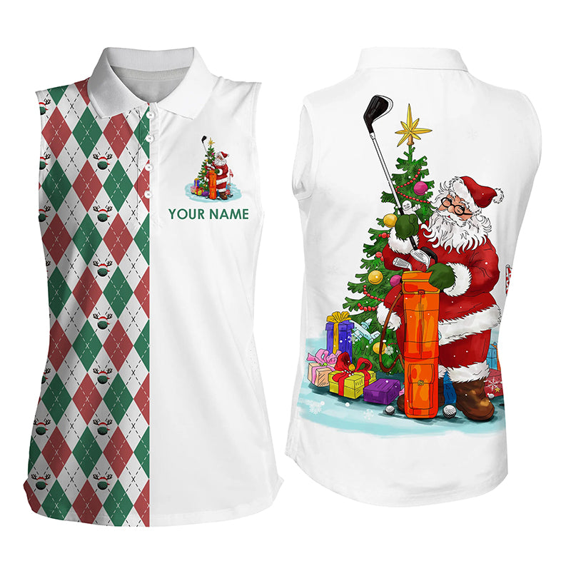 Funny Santa golfer Womens sleeveless polo shirt custom Christmas golf ball pattern golf gifts