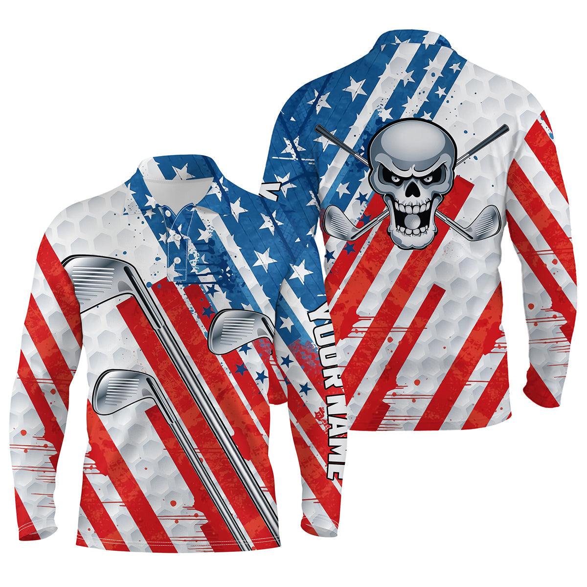 American Flag Golf Skull Patriotic Golf Clubs Men Long Sleeve Polo Shirts Custom Team Golf Polo Shirt