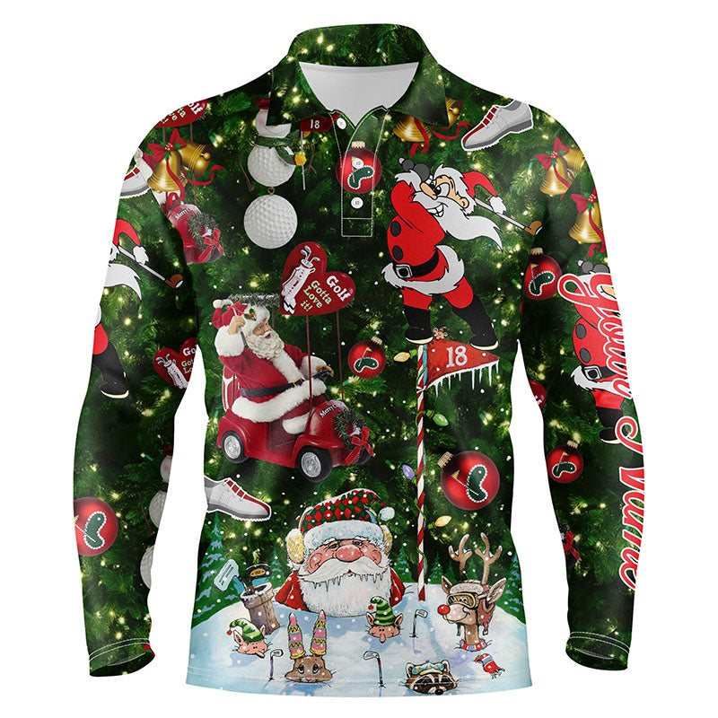 Funny Christmas Golf Shirt Custom Name Mens Golf Long Sleeve Polo Shirt - Santa Golfer Christmas Gifts