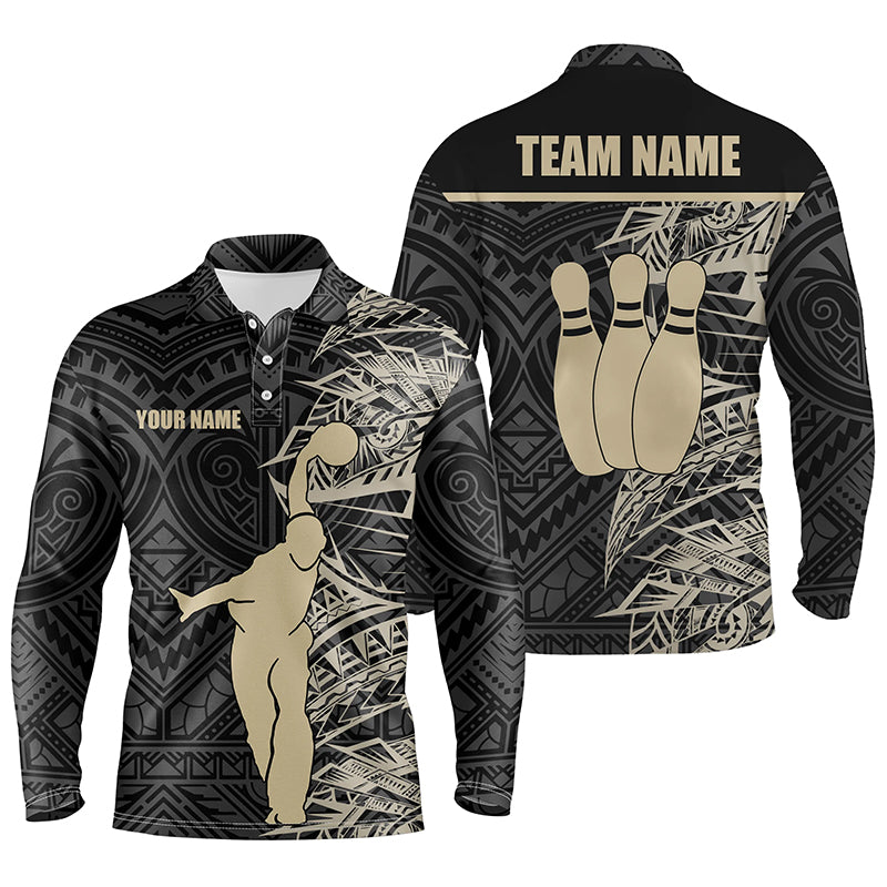 Personalized Bowling Long Sleeve Polo Shirts For Men Golden Black Tribal Team Bowling Jersey/ Bowling Gift For Him