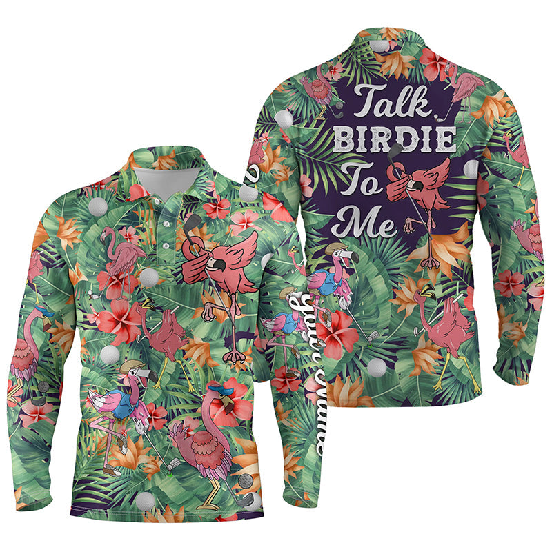 Funny Mens Golf Long Sleeve Polo Shirt Custom Green Tropical Flower Flamingo Golf Shirts Talk Birdie To Me