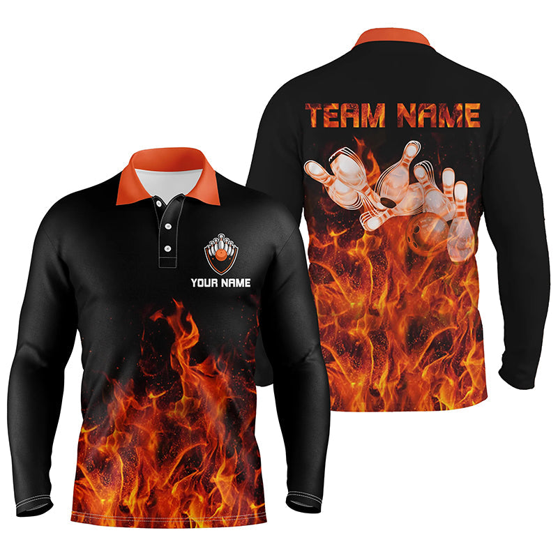 Personalized Men Long Sleeve Polo Bowling Shirt Orange Flame Bowling Ball And Pins Bowling Jerseys For Men Bowler