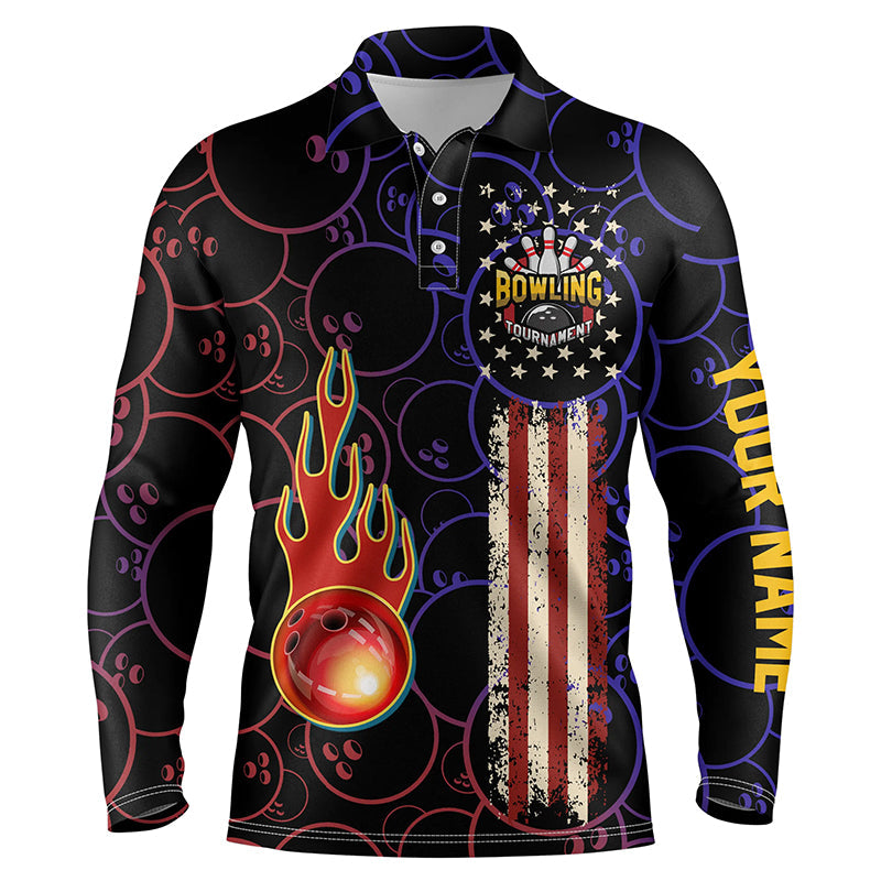 Custom American Flag Black Bowling Long Sleeve Polo Shirts For Men/ Patriotic Bowling Tournament Jerseys