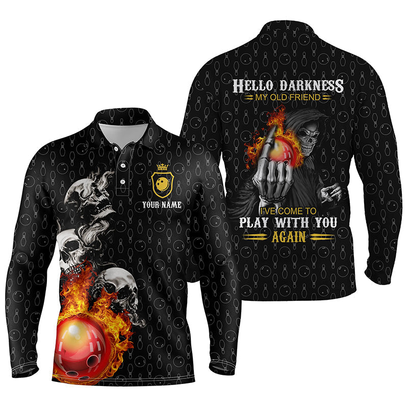 Bowling Long Sleeve Polo Shirts For Men Custom Black Bowling Skull Darkness Old Friend Come To Play With You Again