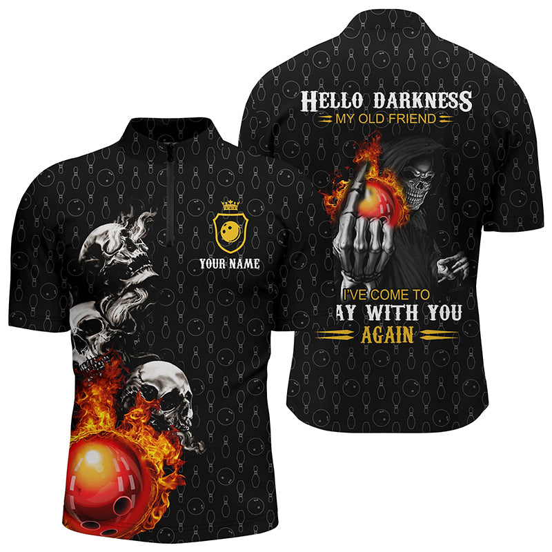 Bowling Quarter Zip shirts for men custom black bowling skull darkness old friend come play with you