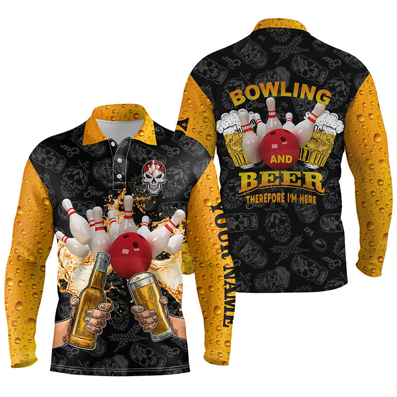 Funny Bowling Beer Skull Bowling Long Sleeve Polo Shirts For Men Custom Name Bowling And Beer Therefore I''m Here