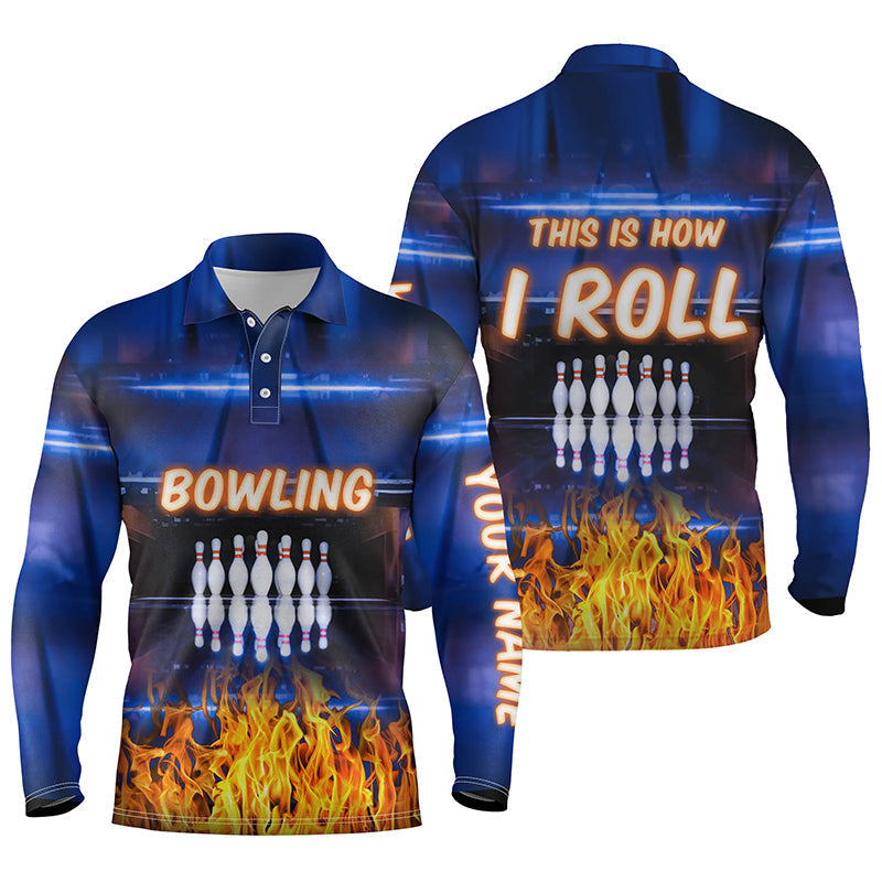 Custom Blue Flame Bowling Long Sleeve Polo Shirts For Men/ This Is How I Roll Team Bowling Jerseys