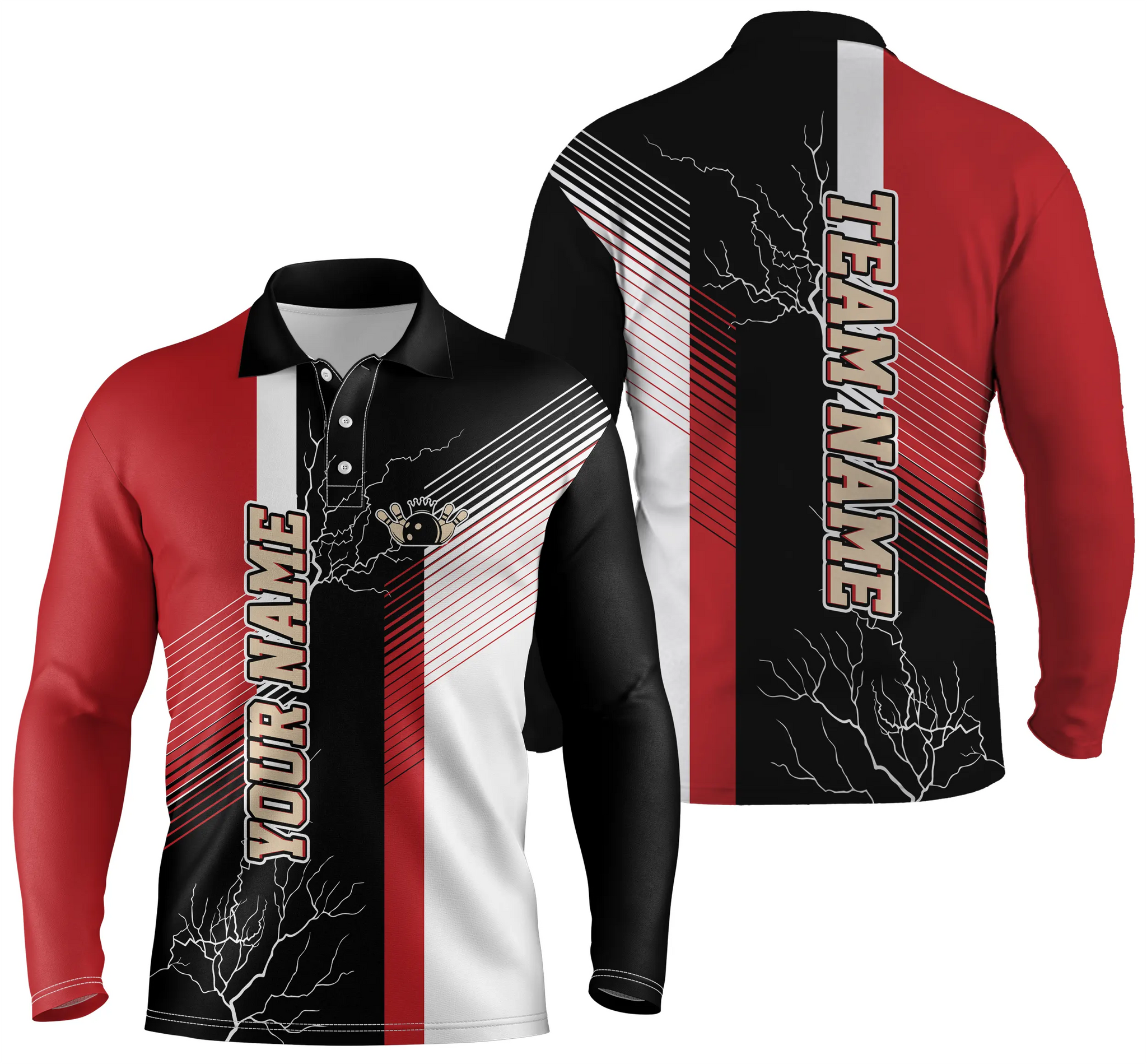 Red And Black Plaid Pattern Custom Bowling Long Sleeve Polo Shirts For Men/ Team Bowling Jerseys