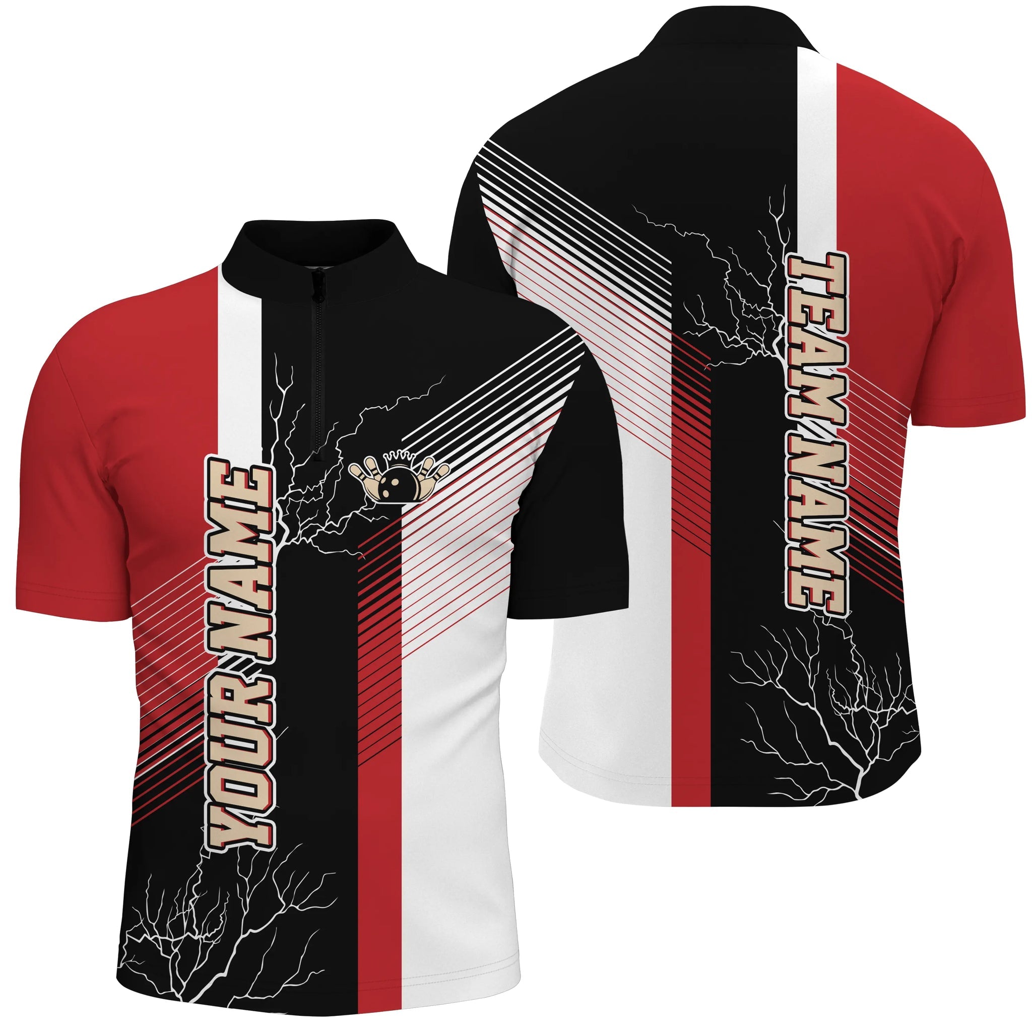Red and black plaid pattern custom team name bowling Quarter Zip for men/ team bowling jerseys