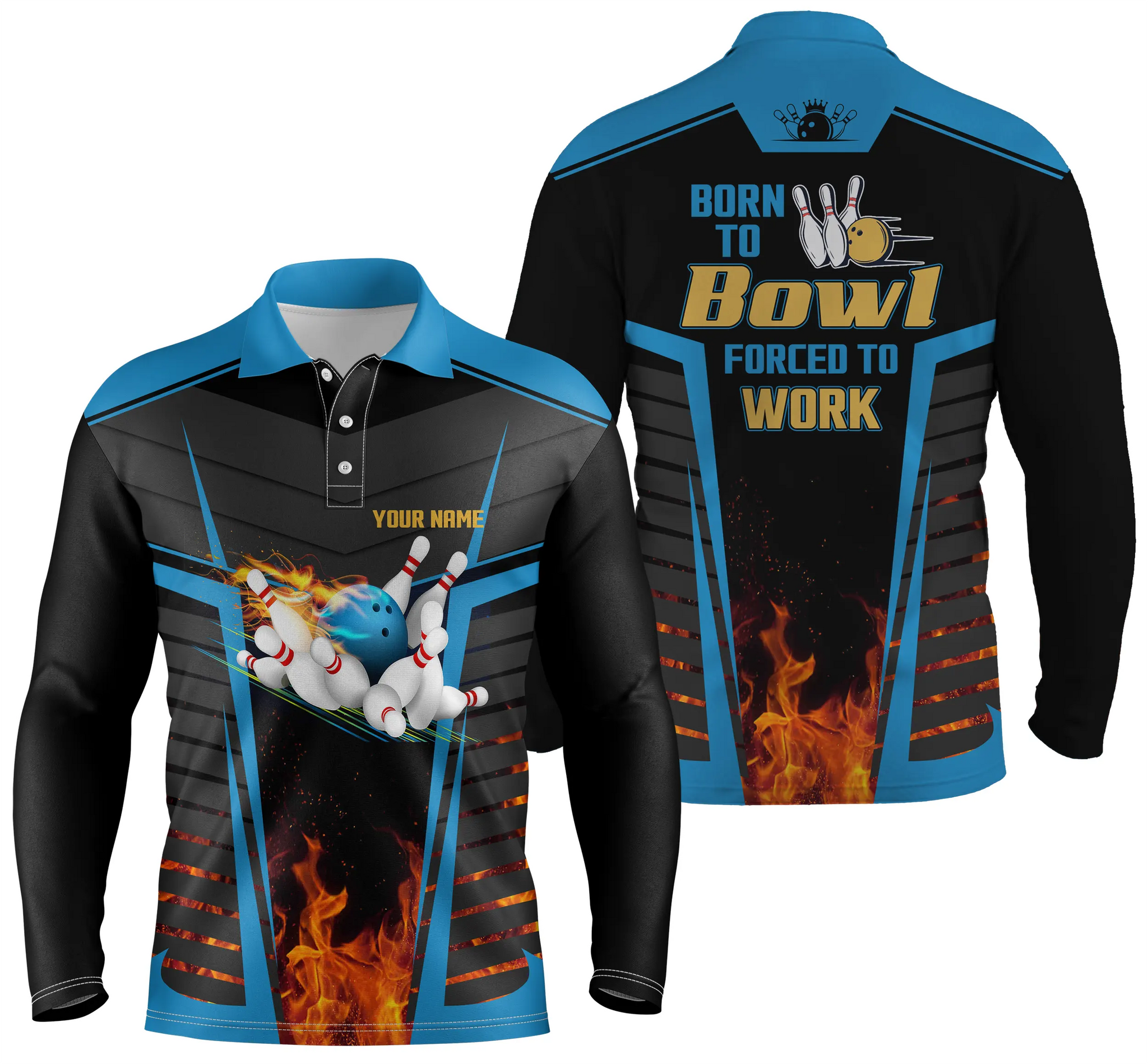 Men''s Bowling Long Sleeve Polo Shirts Custom Name Born To Bowl Forced To Work/ Flame Bowlers Jersey