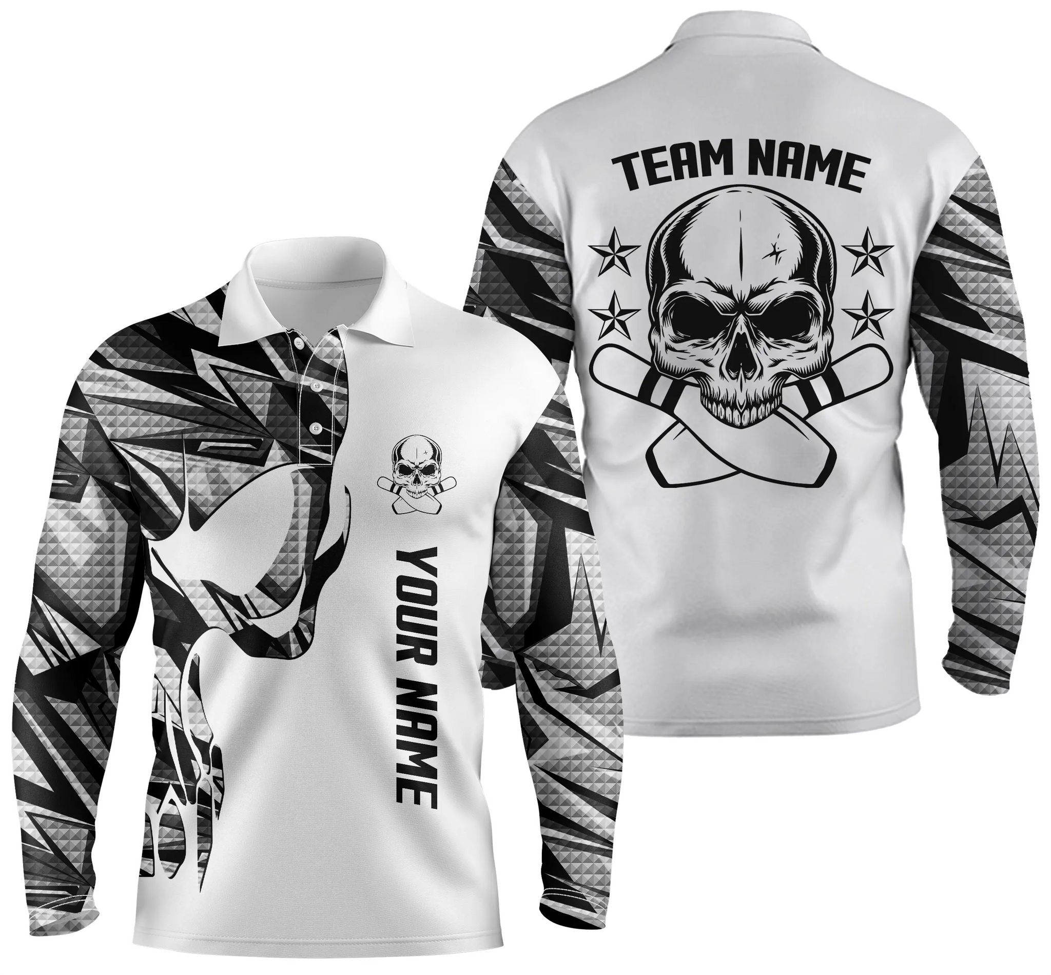 Multi Color Bowling Long Sleeve Polo Shirts For Men Custom Name And Team Name Skull Bowling/ Team Bowling Shirts