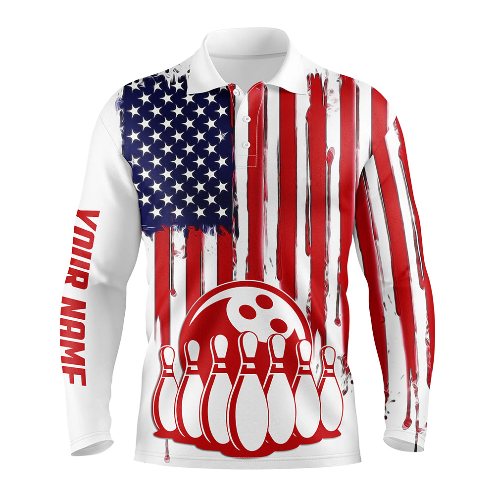 Mens Bowling Long Sleeve Polo Shirts Custom American Flag Bowling Ball Pins Team Bowling Jerseys For Men