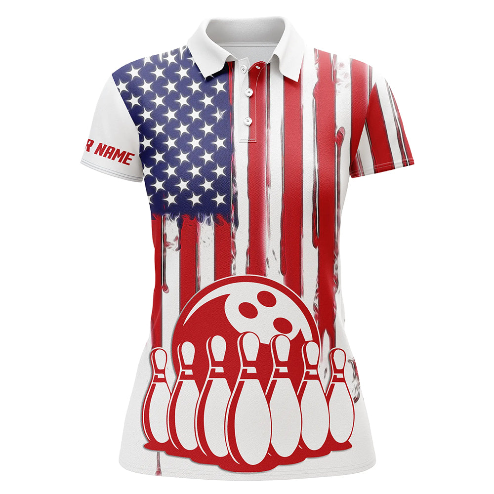 Womens Bowling Sleeveless Polo Shirts Custom American Flag Bowling Ball Pins Team Bowling Polo Shirt
