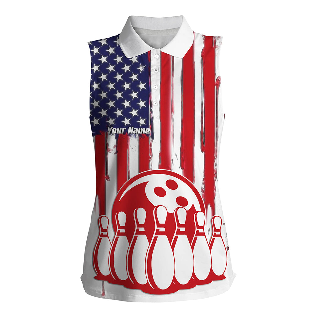 Womens Bowling Sleeveless Polo Shirts Custom American Flag Bowling Ball Pins Team Bowling Polo Shirt